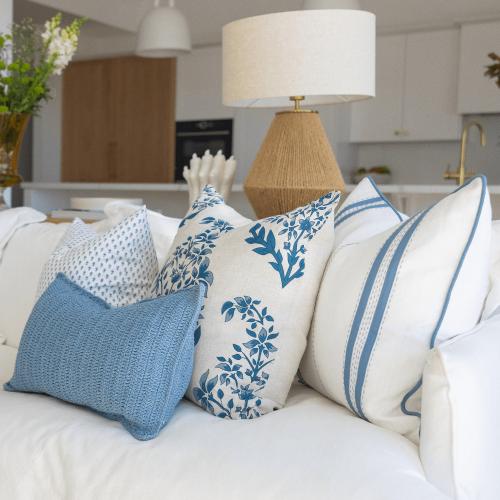 Bandhini Design House Coastal Devon Linen Piped Embroidery Blue Lounge Cushion 55 x 55cm