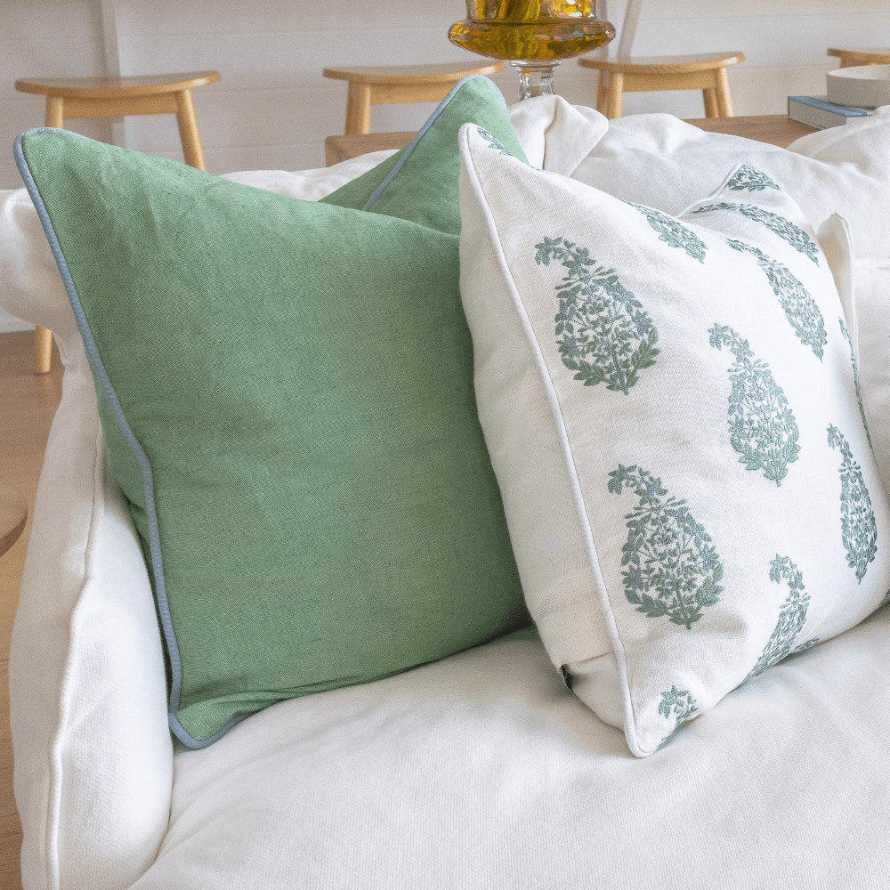 Bandhini Design House Coastal Devon Linen Piped Green & Blue Lounge Cushion 55 x 55cm