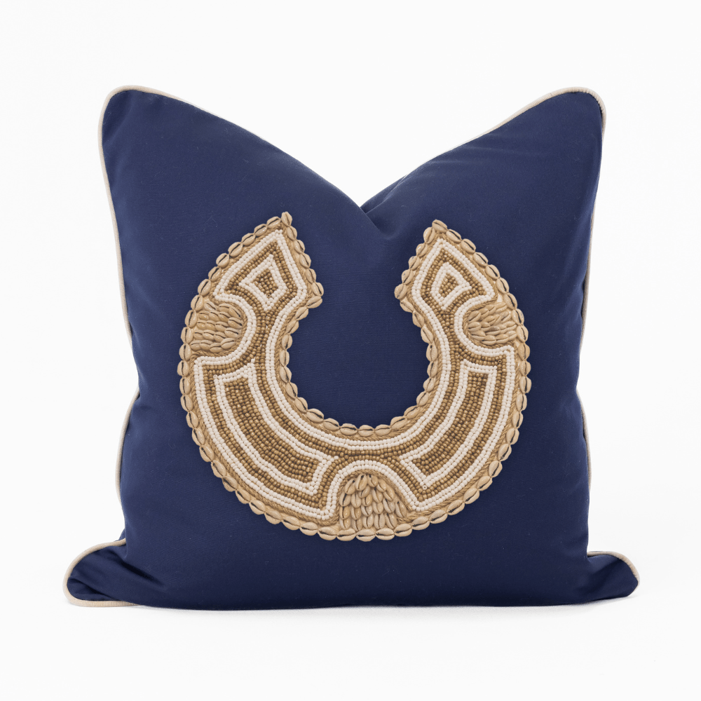 Bandhini Design House Coastal Devon Outdoor African Bead Caramel Horseshoe Piped Navy Lounge Cushion 55 x 55cm