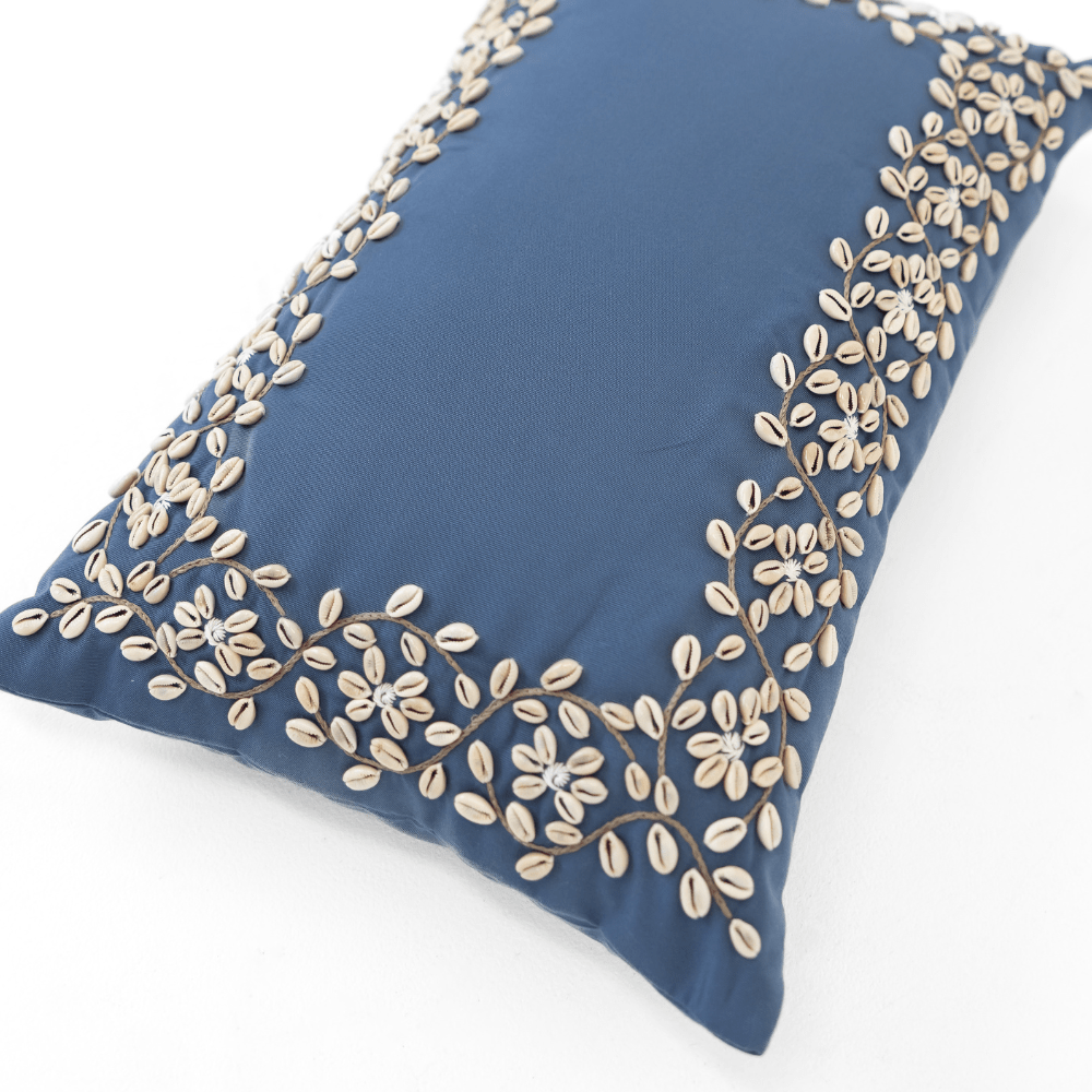 Bandhini Design House Coastal Devon Outdoor Kauri Embroidery Blue Lumbar Cushion 35 x 53cm