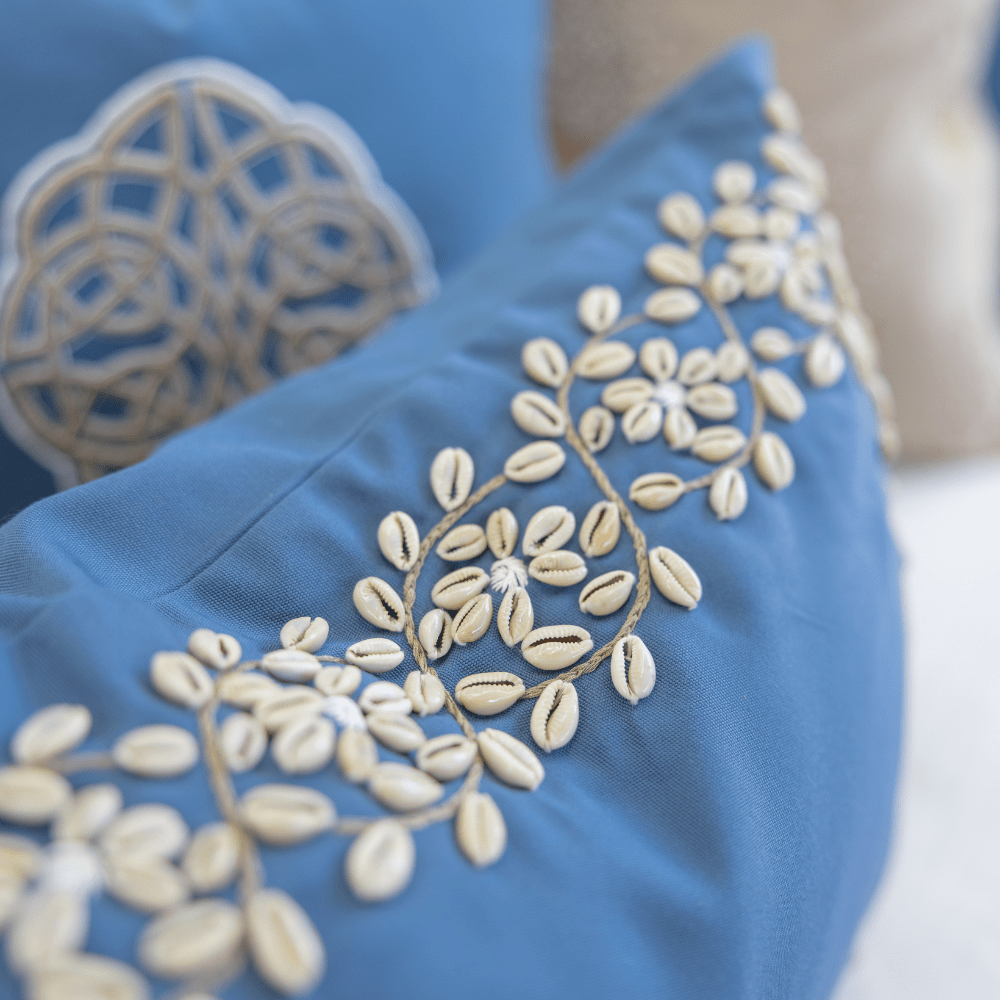 Bandhini Design House Coastal Devon Outdoor Kauri Embroidery Blue Lumbar Cushion 35 x 53cm