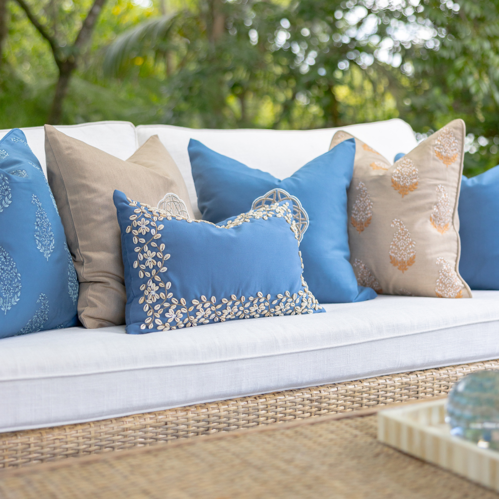 Bandhini Design House Coastal Devon Outdoor Kauri Embroidery Blue Lumbar Cushion 35 x 53cm