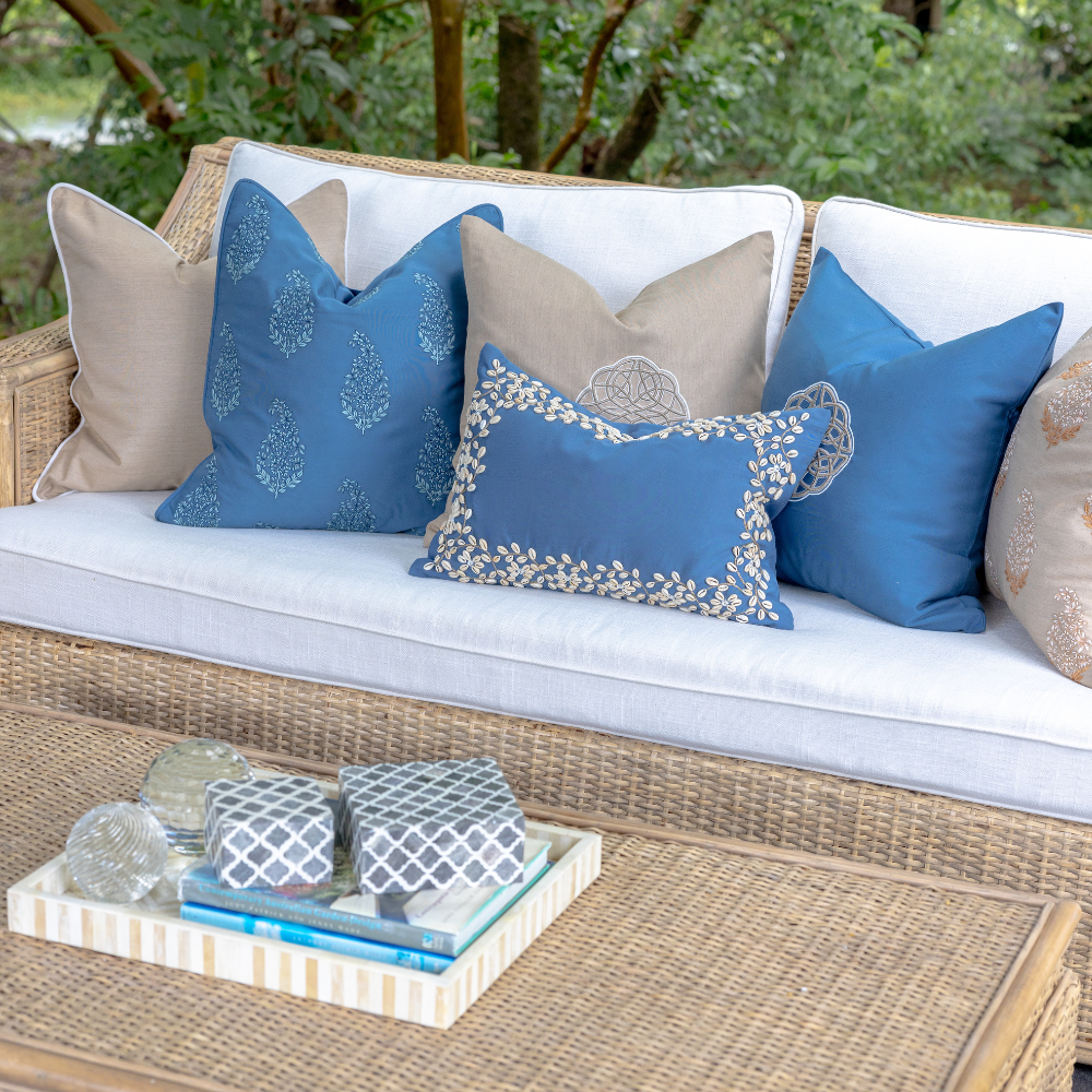 Bandhini Design House Coastal Devon Outdoor Kauri Embroidery Blue Lumbar Cushion 35 x 53cm