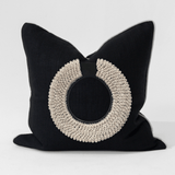 Black Shell Ring Black & Natural Handmade Embellished Linen Cushion Cover