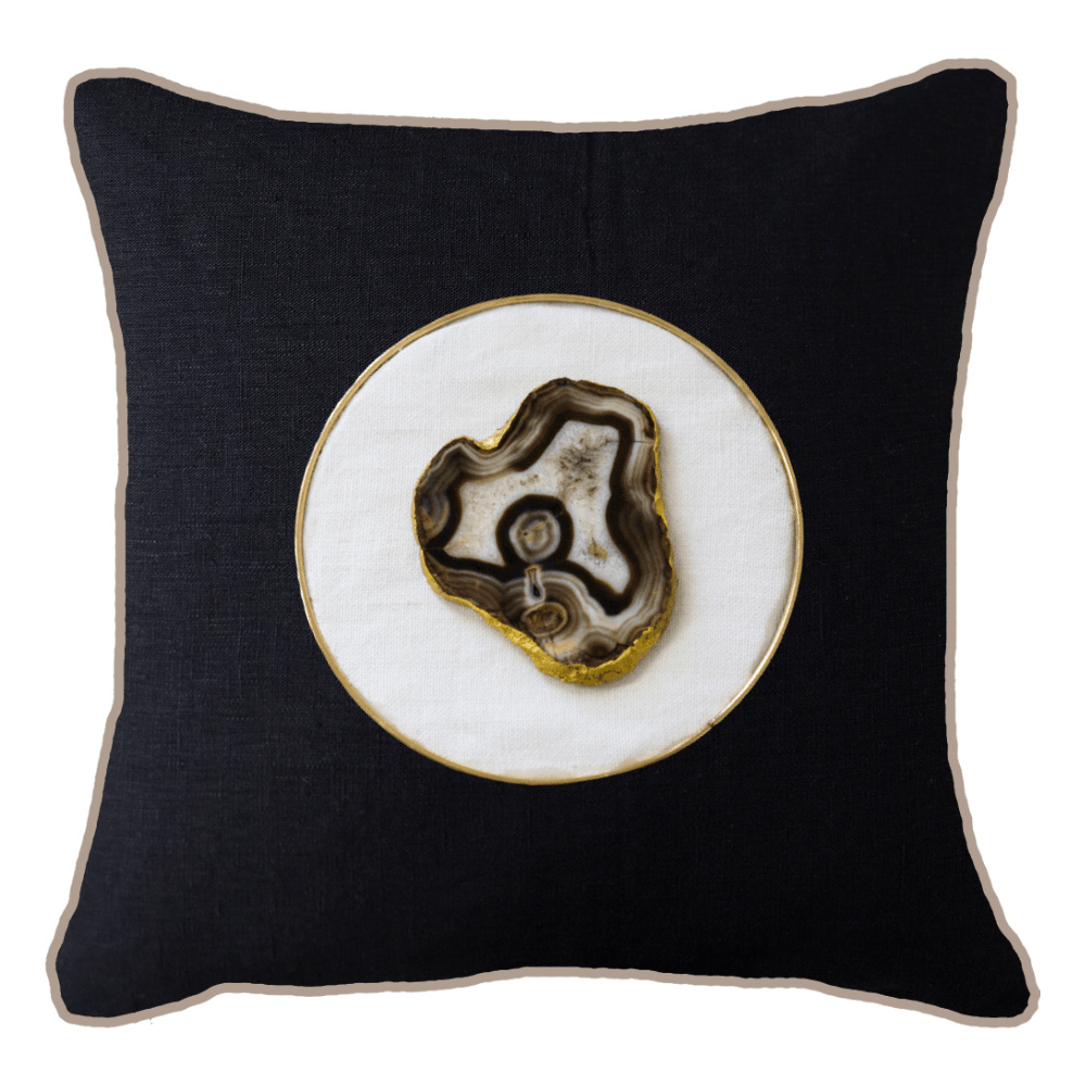 Bandhini Design House Lounge Cushion Black with Natural Piping Smoke Agate Slice Lounge Cushion 55 x 55cm