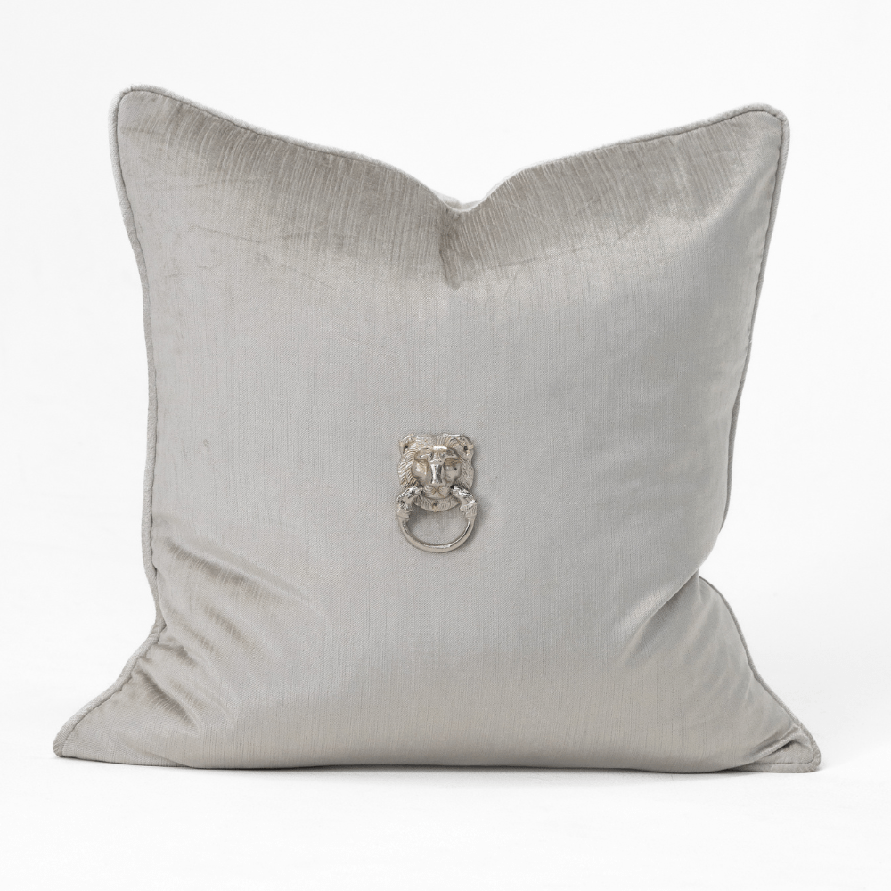 Bandhini Design House Lounge Cushion Creature Metal Silver Lion Head Piped Velvet Frost Lounge Cushion 55 x 55cm