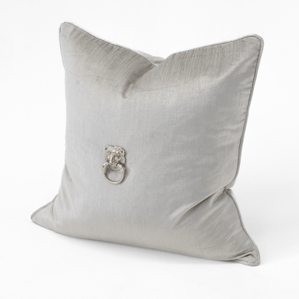 Bandhini Design House Lounge Cushion Creature Metal Silver Lion Head Piped Velvet Frost Lounge Cushion 55 x 55cm