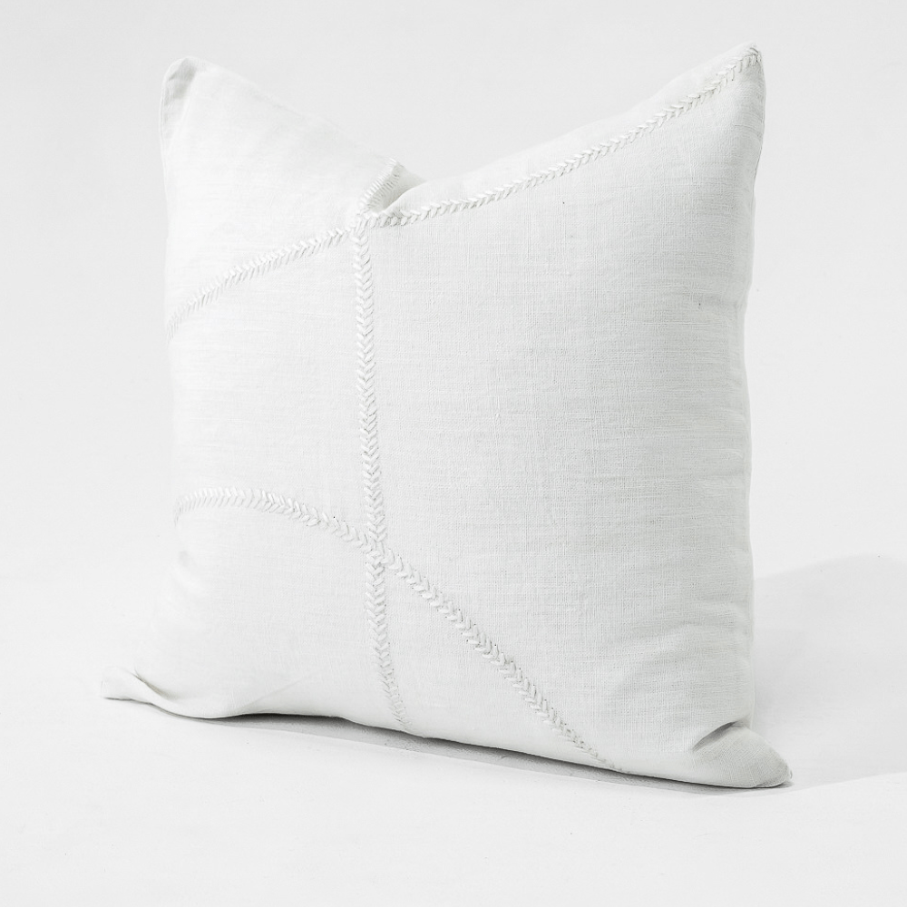 Bandhini Design House Lounge Cushion Linen Lace Curves Stitch White Lounge Cushion 55 x 55cm