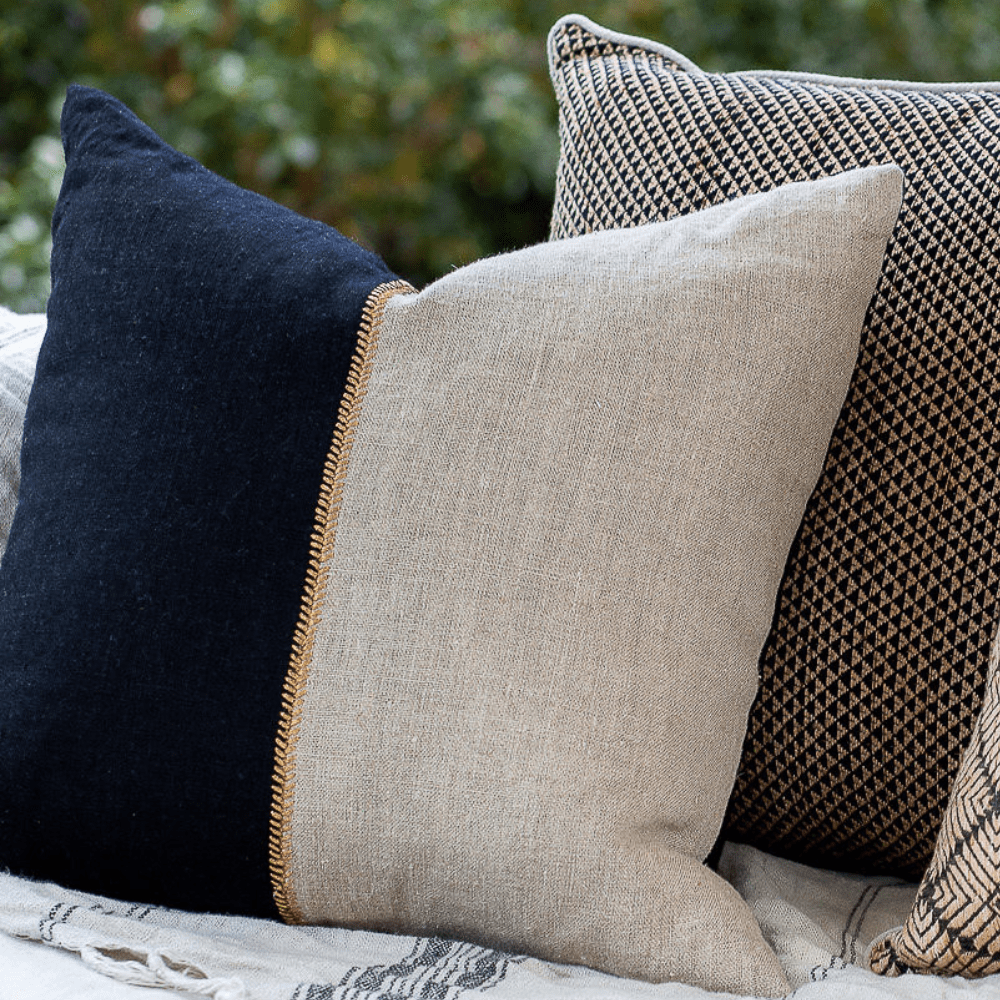 Bandhini - Design House Lounge Cushion Linen Lace Stitch Natural Black Lounge Cushion 55 x 55cm