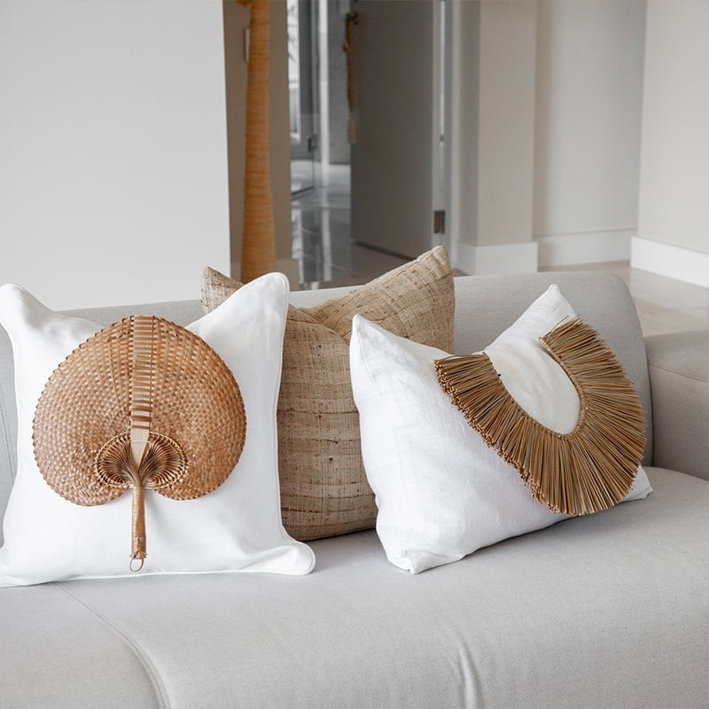 Bandhini Design House Lounge Cushion Natural Raffia Fan White & White Lounge Cushion 55 x 55cm