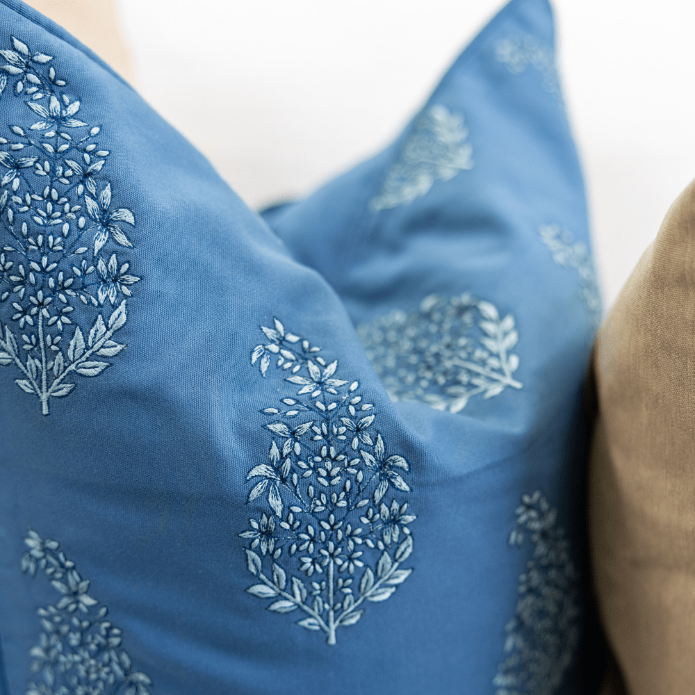 Bandhini Design House Lounge Cushion Outdoor Devon Paisley Embroidery Blue Lounge Cushion 55 x 55cm