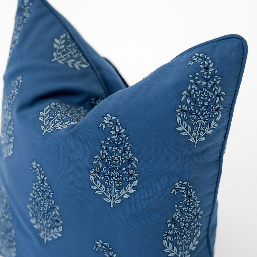 Bandhini Design House Lounge Cushion Outdoor Devon Paisley Embroidery Blue Lounge Cushion 55 x 55cm