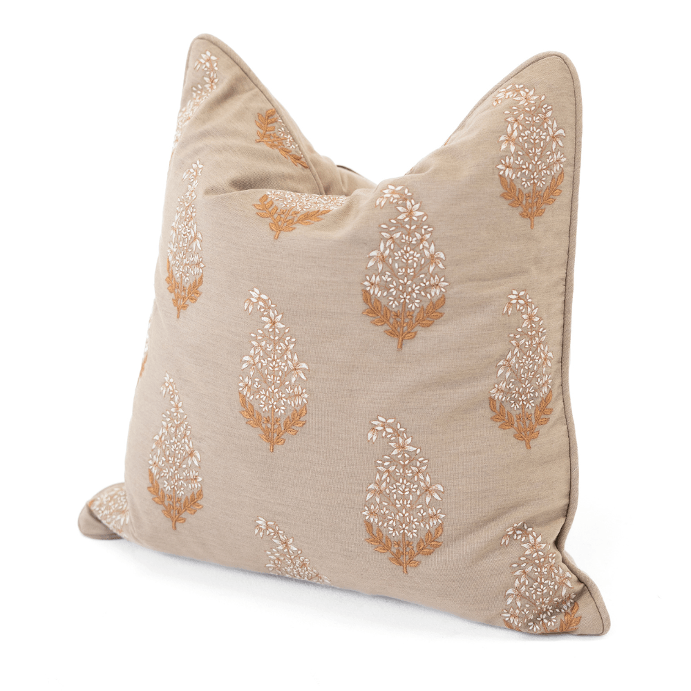 Bandhini Design House Lounge Cushion Outdoor Devon Paisley Embroidery Heather Beige Lounge Cushion 55 x 55cm