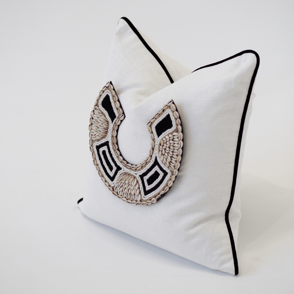 Bandhini Design House Lounge Cushion Shell African Bead Horseshoe White & Black Lounge Cushion 55 x 55cm