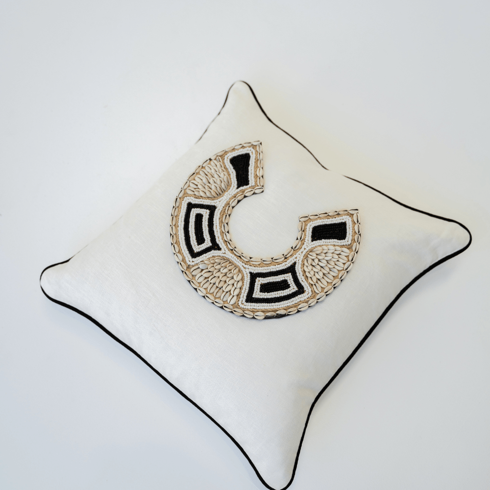 Bandhini Design House Lounge Cushion Shell African Bead Horseshoe White & Black Lounge Cushion 55 x 55cm