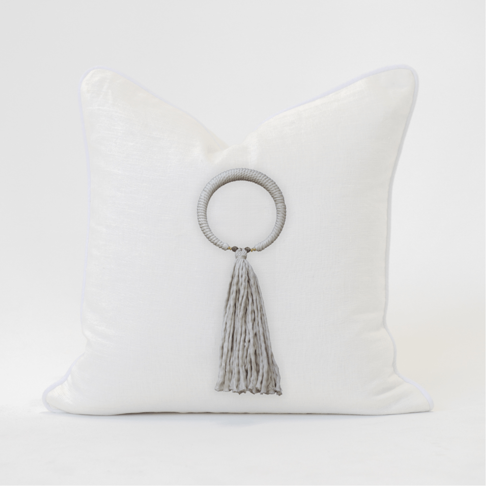 Bandhini Design House Lounge Cushion Tassel Milan White & White Lounge Cushion 55 x 55cm