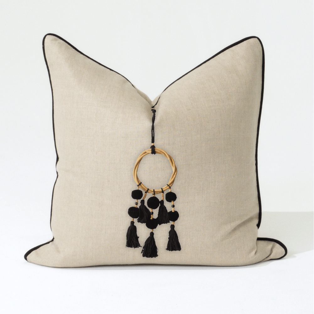 Bandhini Design House Lounge Cushion Tassel Pom Pom Natural & Black Lounge Cushion 55 x 55cm