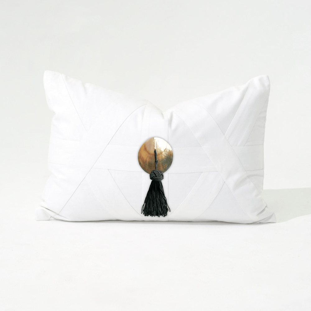 Bandhini Design House Lumber Cushion Black Shell Tassel White Lumbar Cushion 35 x 53cm