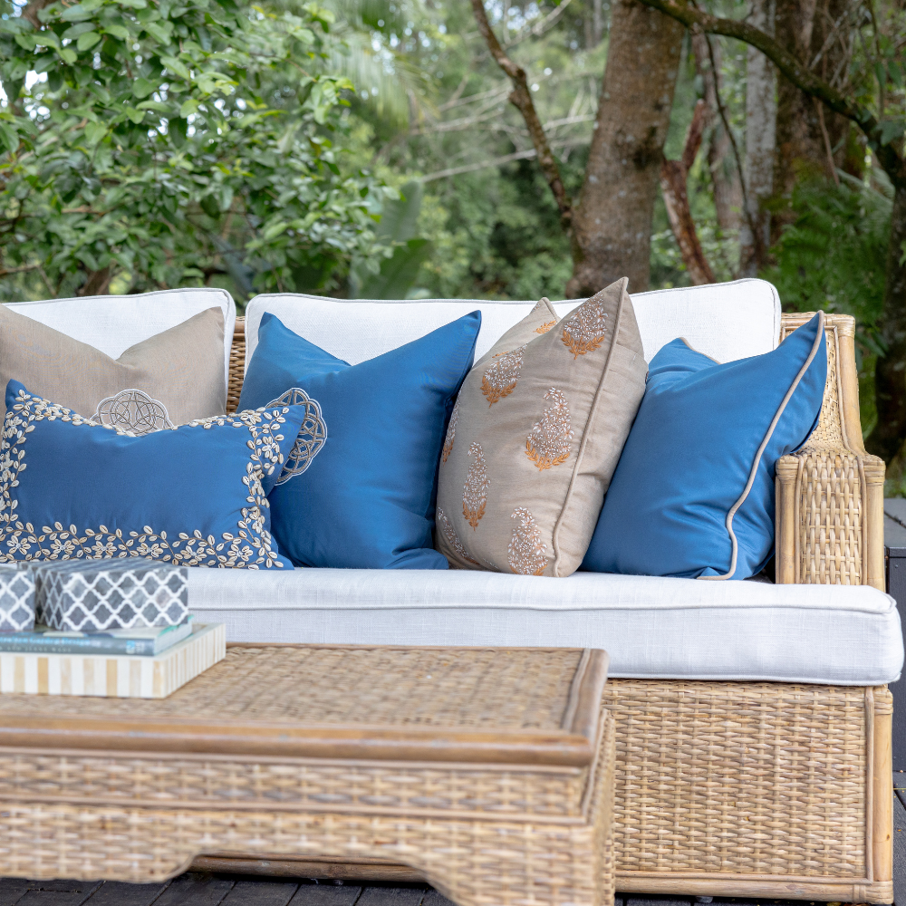 Bandhini Design House Outdoor Cushion Outdoor Piped Blue & Beige Lounge Cushion 55 x 55cm