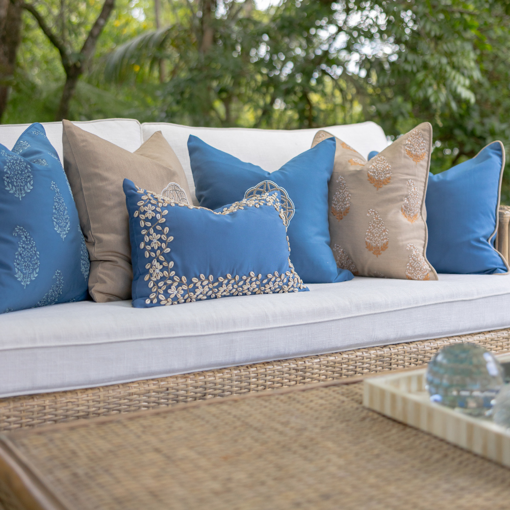 Bandhini Design House Outdoor Cushion Outdoor Piped Blue & Beige Lounge Cushion 55 x 55cm