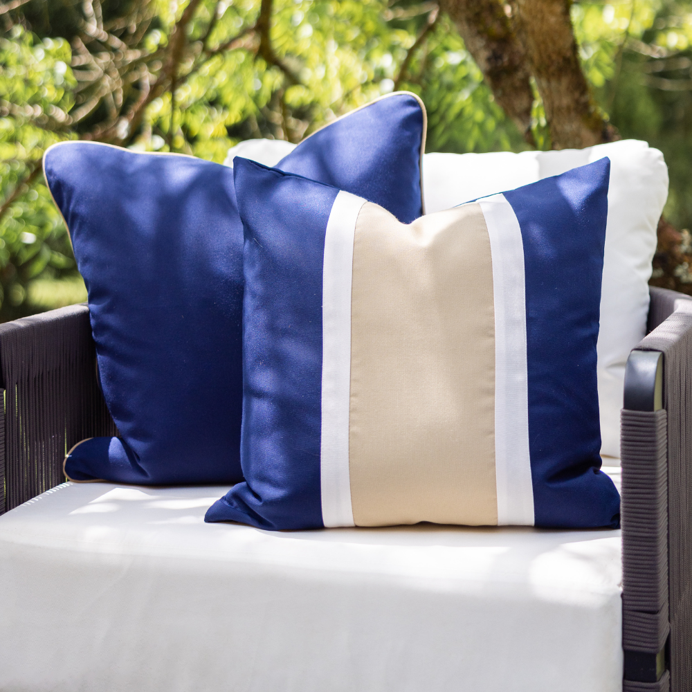 Bandhini Design House Outdoor Cushion Outdoor Piped Navy & Beige Lounge Cushion 55 x 55cm