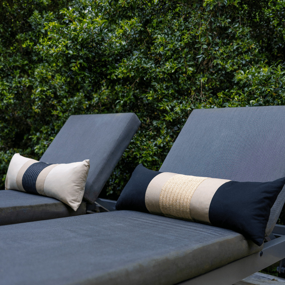 Bandhini Design House Outdoor Cushion Outdoor Regent Raffia Tan Black Long Lumbar Cushion 35 x 90cm