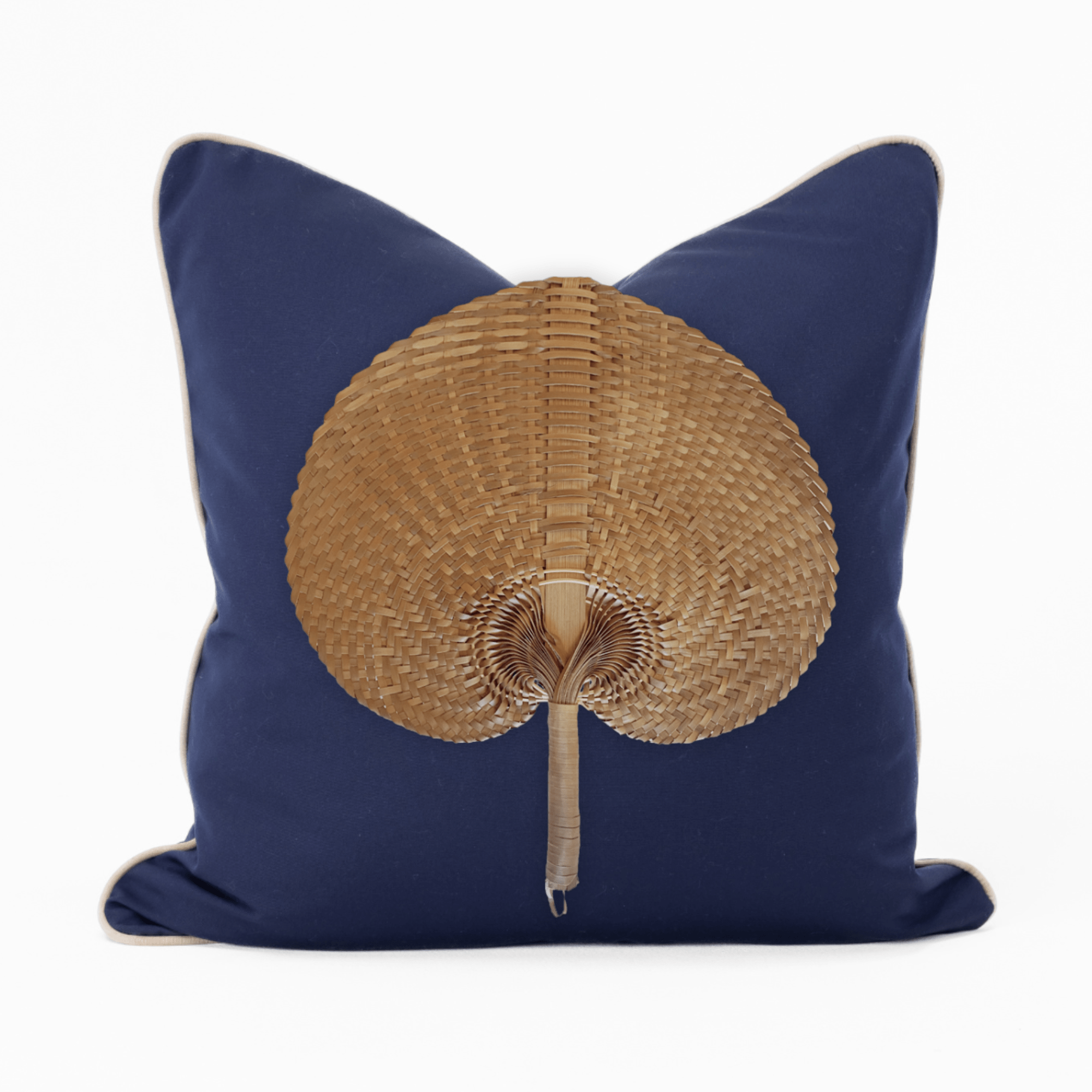 Bandhini Design House Outdoor Natural Raffia Fan Navy Lounge Cushion 55 x 55cm