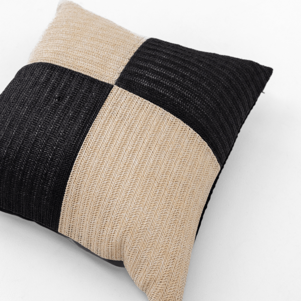 Bandhini Design House Outdoor Outdoor Raffia Squares Black & Natural Lounge Cushion 55 x 55cm