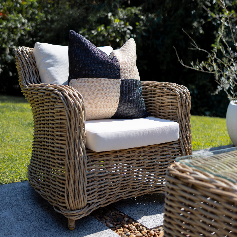 Bandhini Design House Outdoor Outdoor Raffia Squares Black & Natural Lounge Cushion 55 x 55cm