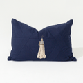Shell Junonia White Tassel Navy Handmade Shell Embellished Lumbar Cushion — made to order, 14–30 days