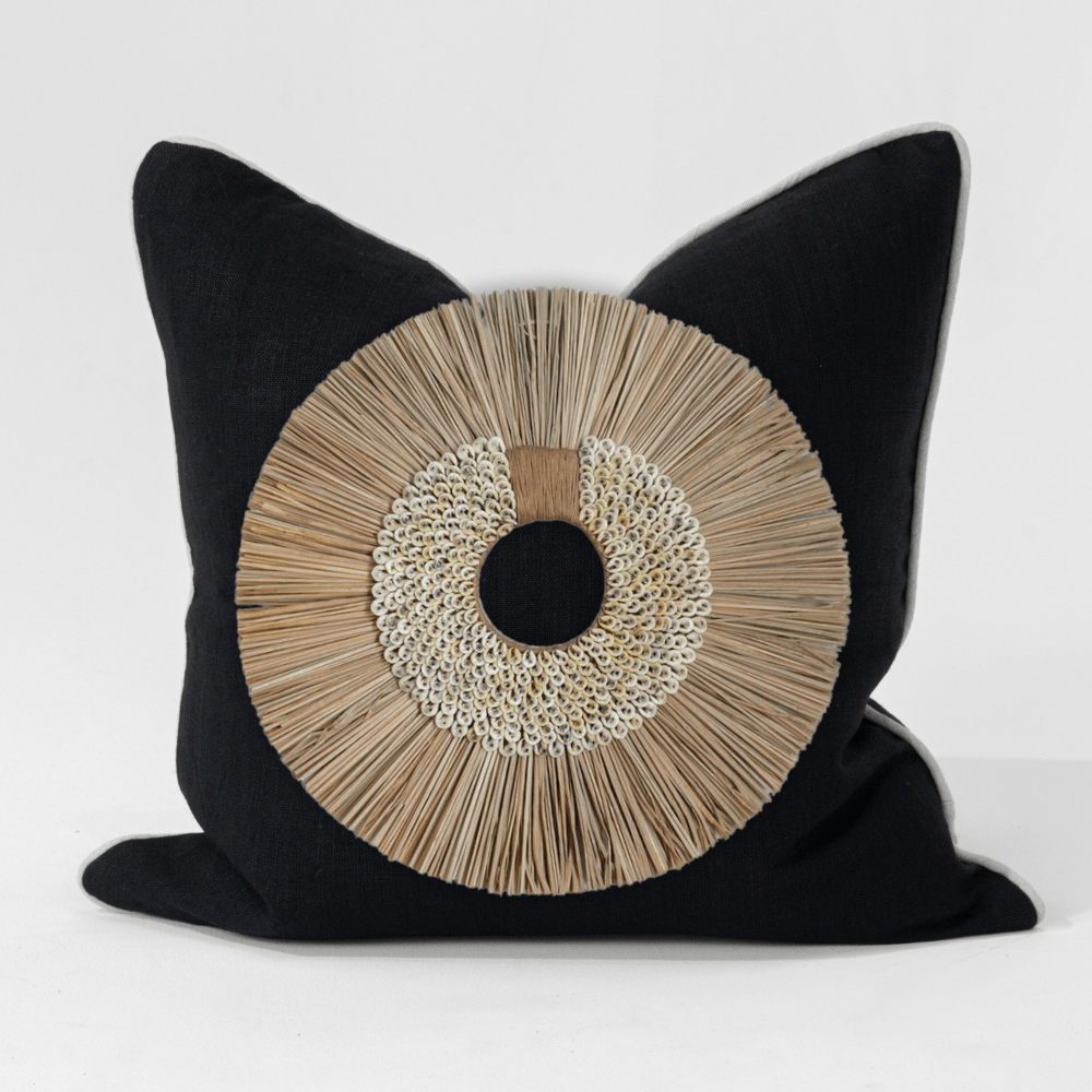 Bandhini Design House Shell Ring Coffee with Wood Sticks Black & Natural Lounge Cushion 55 x 55cm