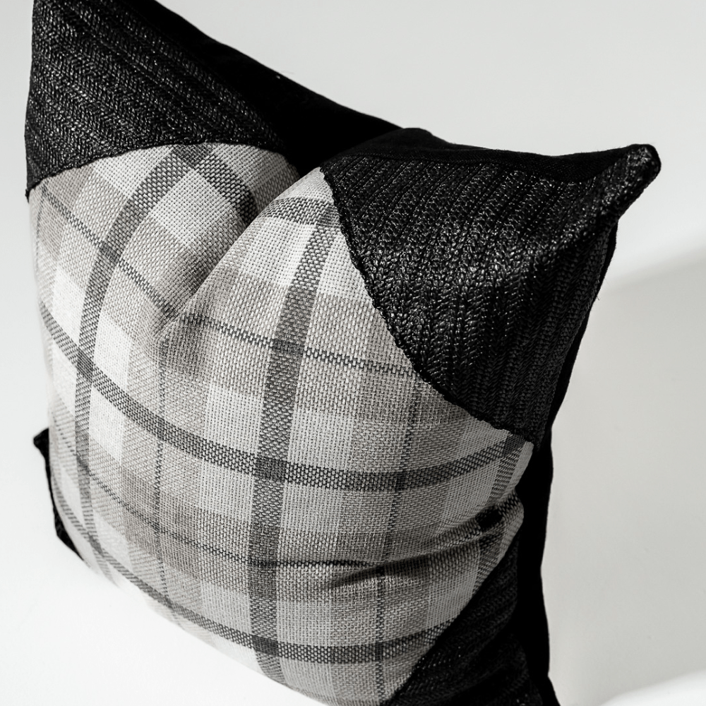 Bandhini Design House Tartan Raffia Corners Grey Lounge Cushion 55 x 55cm