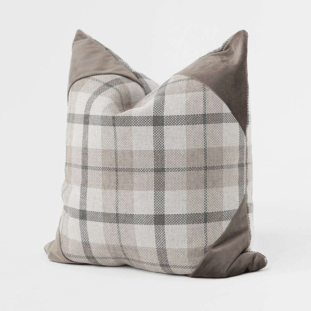 Bandhini Design House Tartan Velvet Corners Beige Lounge Cushion 55 x 55cm