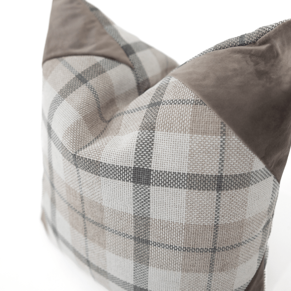 Bandhini Design House Tartan Velvet Corners Beige Lounge Cushion 55 x 55cm