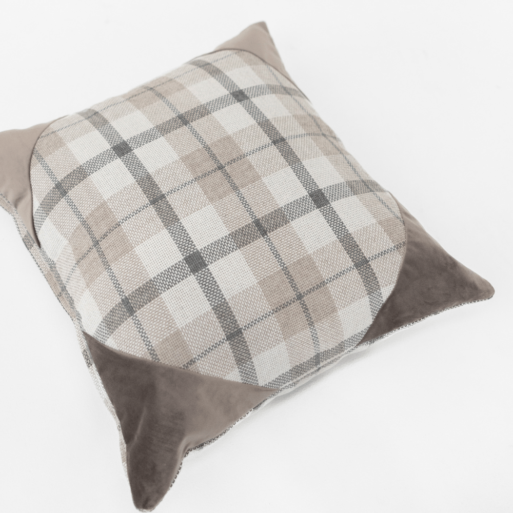 Bandhini Design House Tartan Velvet Corners Beige Lounge Cushion 55 x 55cm