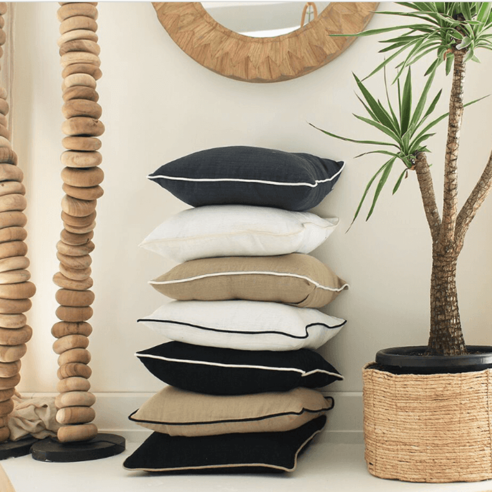 Bandhini Homewear Design Lounge Cushion Linen Piped Natural with Black Pipe Lounge Cushion 55 x 55 cm