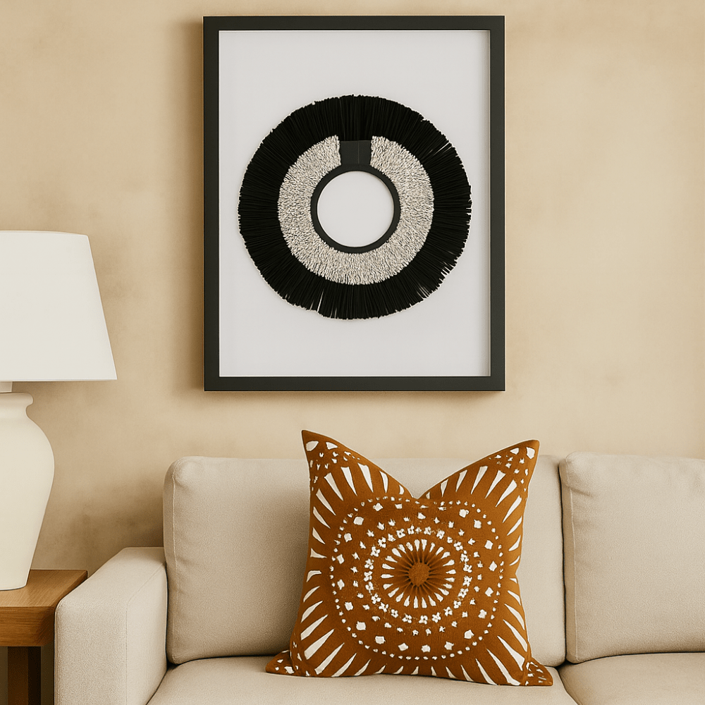 BHD HOME Artwork African Shell Ring Black & Grass Mat Black on White Artwork 67 x 85cm