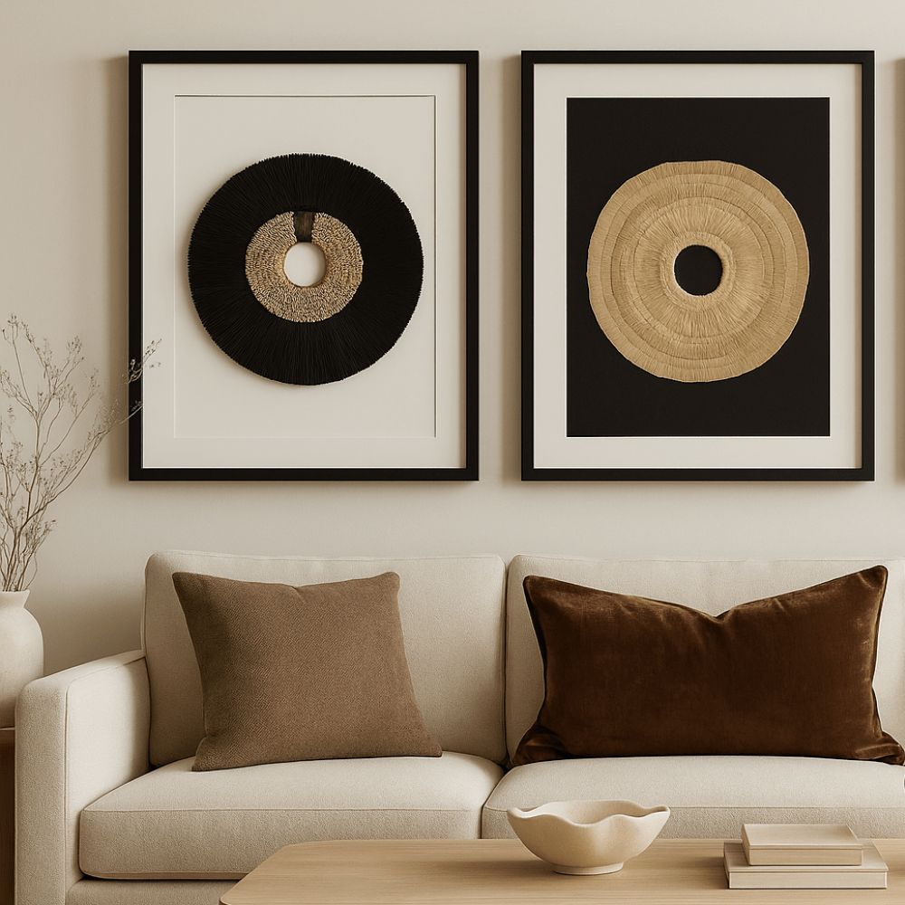 BHD HOME Artwork African Shell Ring Coffee & Grass Mat Black Artwork 67 x 85cm