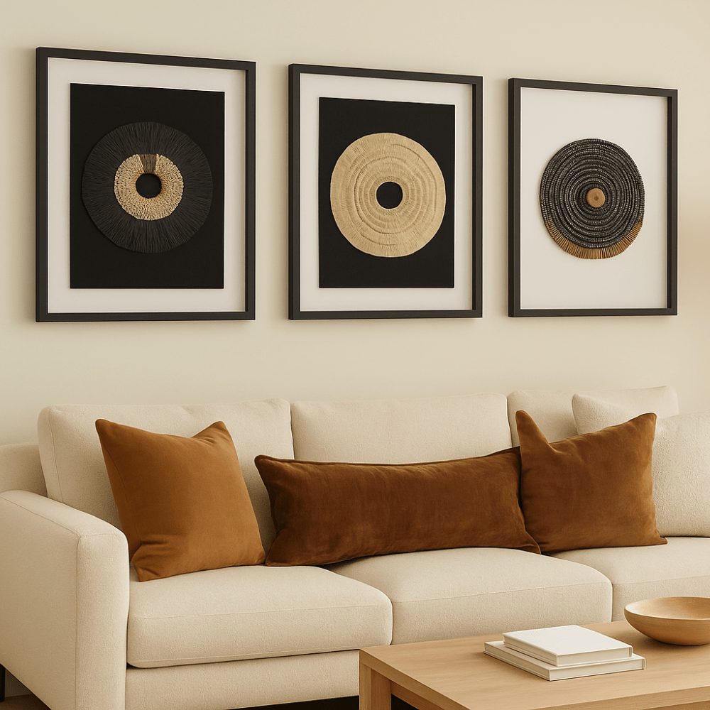 BHD HOME Artwork African Shell Ring Coffee & Grass Mat Black Artwork 67 x 85cm