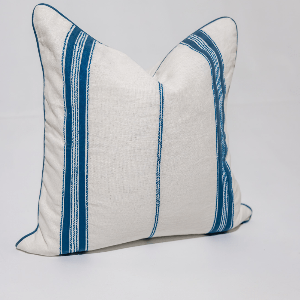 BHD HOME Coastal Devon Linen Piped Embroidery Baby Blue Lounge Cushion 55 x 55cm