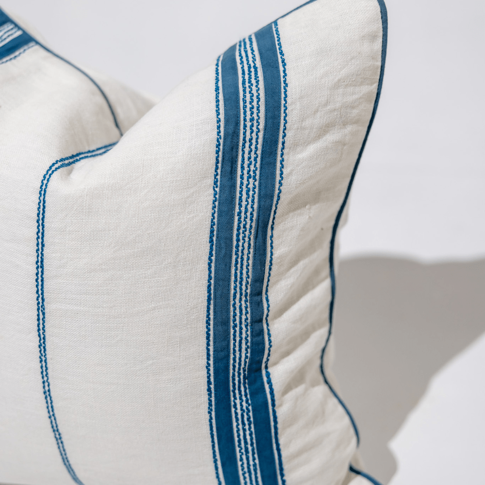 BHD HOME Coastal Devon Linen Piped Embroidery Baby Blue Lounge Cushion 55 x 55cm