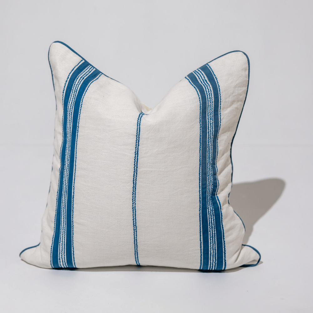 BHD HOME Coastal Devon Linen Piped Embroidery Baby Blue Lounge Cushion 55 x 55cm