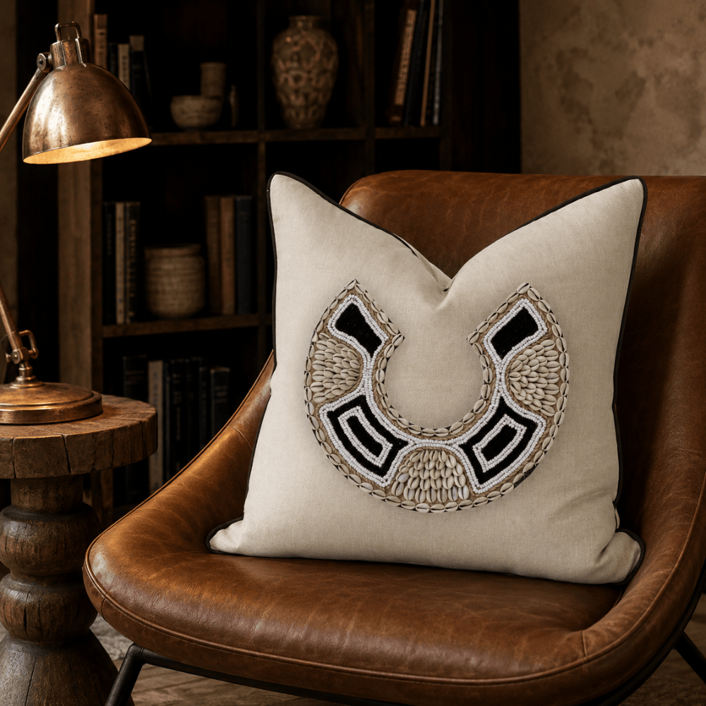 BHD HOME featurecushion African Bead Horseshoe Natural & Black Handmade Beaded Cushion Cover