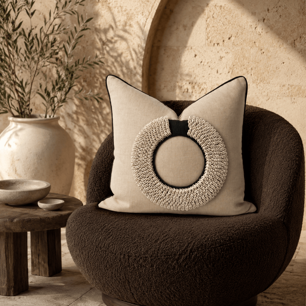 BHD HOME featurecushion Black Shell Ring Natural & Black Handmade Embellished Linen Cushion Cover
