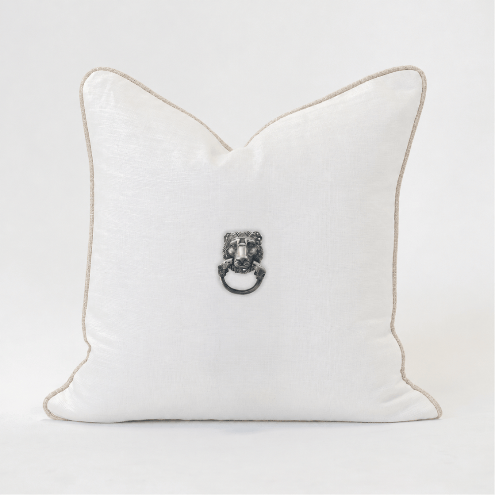 BHD HOME featurecushion Creature Lion Head Silver White & Natural Handmade Metal Embellished Cushion Cover