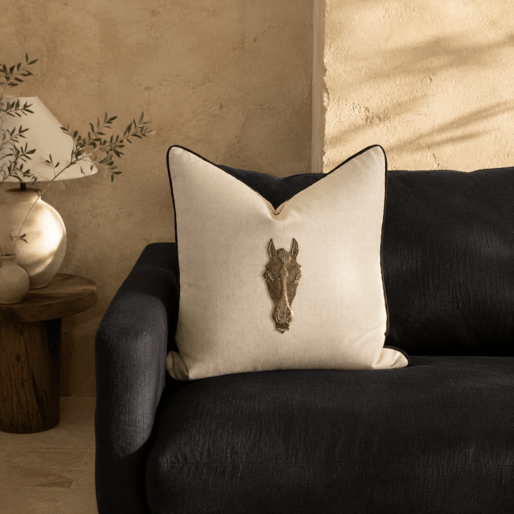 BHD HOME featurecushion Creature Metal Horse Head Natural & Black Lounge Cushion 55 x 55cm
