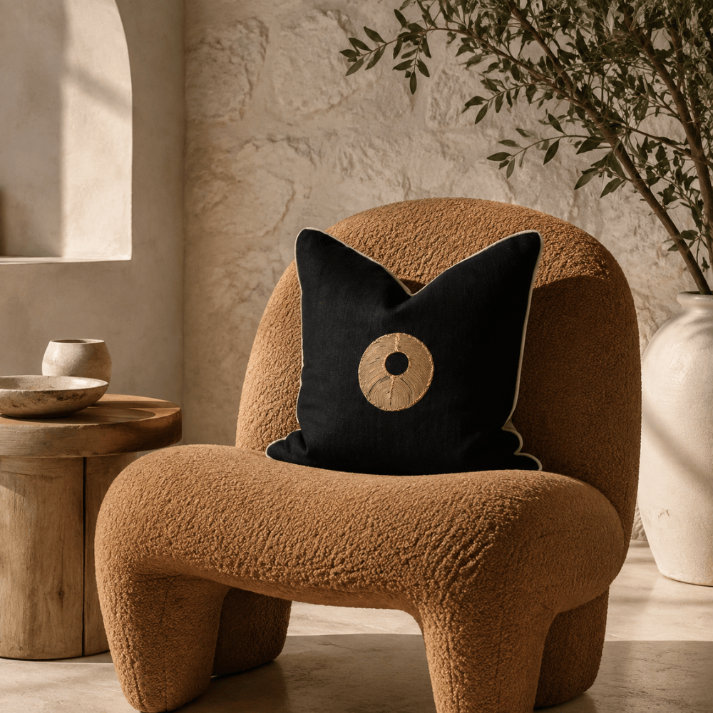 BHD HOME featurecushion Disc Gold Black & Natural Handmade Metal Embellished Cushion Cover