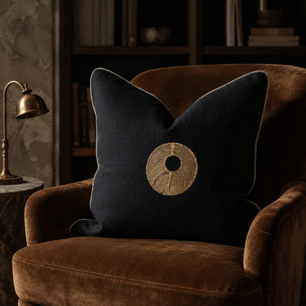 BHD HOME featurecushion Disc Gold Black & Natural Handmade Metal Embellished Cushion Cover