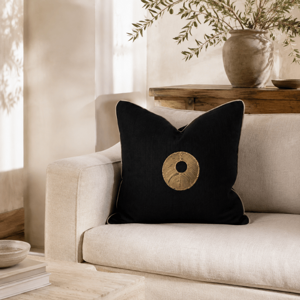 BHD HOME featurecushion Disc Gold Black & Natural Handmade Metal Embellished Cushion Cover