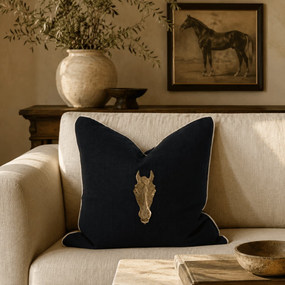 BHD HOME featurecushion Horse Head Black & Natural Handmade Metal Embellished Cushion Cover